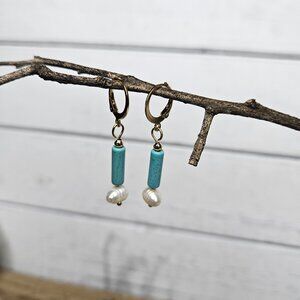 Hand Made Turquoise color Howlite with Freshwater Pearl Dangle Earrings